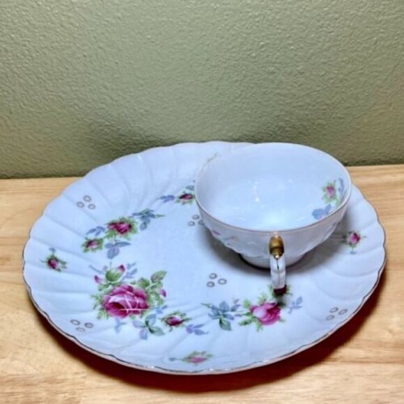 Bone China • Tea Cup & Snack Tray • Pink Purple Green • Gold Trim • Marked AACO - Picture 3 of 12